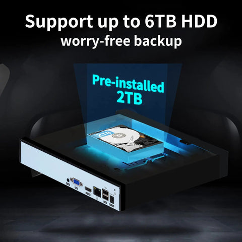 4K 9 Channel NVR Security Recorder For Home Surveillance Supports 8MP IP Cameras At 25fps With Local And Remote Access ONVIF Compatible Pre Installed 2TB HDD Expandable To 6TB No PoE Ports Included showing HDD bay with pre-installed 2TB HDD