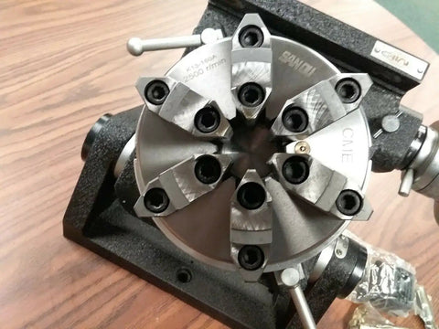 Precision Tilting Rotary Table With Six Jaw Self Centering Chuck for Dead Nuts Angular Control on CNC mills.
