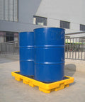 Oil Drum Spill Pallet Nestable Leak Proof Tray Yellow Garage Storage Solution with blue drums outdoors
