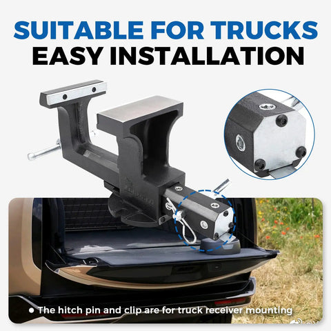Heavy Duty 6 Inch Hitch Vise for trucks, mounted in receiver, ideal for gripping metal pipes securely.