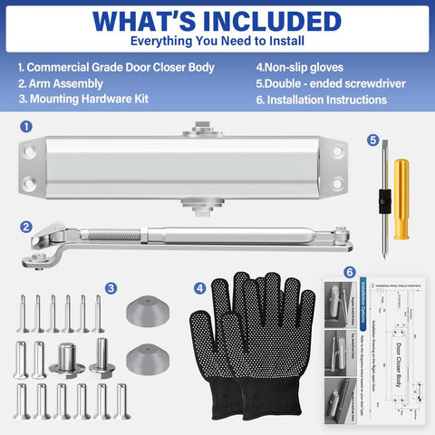 Heavy Duty Automatic Door Closer For Home And Office, Cast Aluminum With Hydraulic Soft Close components and tools displayed