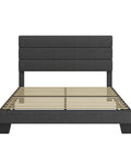 Full Platform Bed Frame With Upholstered Fabric Headboard In Grey Featuring Dense Foam Padding And Breathable Polyester For Super Comfy Nights and steel slat support.