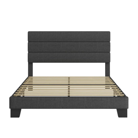 Full Platform Bed Frame With Upholstered Fabric Headboard In Grey Featuring Dense Foam Padding And Breathable Polyester For Super Comfy Nights and steel slat support.