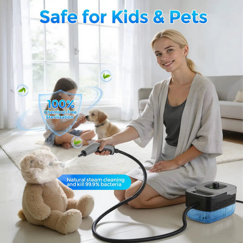 Heavy Duty Handheld Steam Cleaner For Home And Auto in use, cleaning a teddy bear, 1600ml tank, family-friendly design.