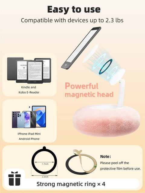 Magnetic Kindle Holder With Page Turner For Reading In Bed, Cozy Pillow Stand, shown with compatible devices and magnetic rings.