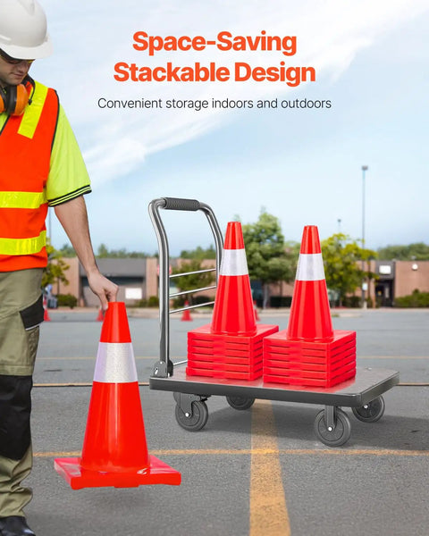 Worker stacking Six Pack 28 Inch Orange Traffic Cones With Reflective Collar Heavy Duty PVC Road Safety Cones on a cart