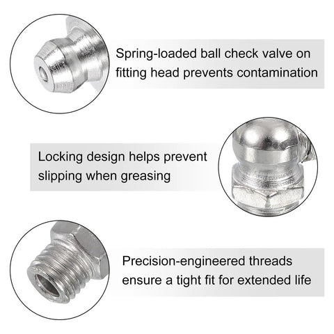 Nickel-Plated Steel Grease Fitting Set 18 Pcs Straight And Angled Nipples With 5/16-24 Thread Includes spring-loaded check valve