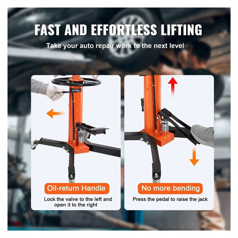 Transmission Jack 1322 Lbs Hydraulic Telescoping 32 To 67 Inch High Lift Floor Stand Hoist demonstration in garage setting
