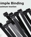 Close-up of black Industrial Grade Zip Ties from 600 Piece Set Assorted Sizes UL94V2 Certified.