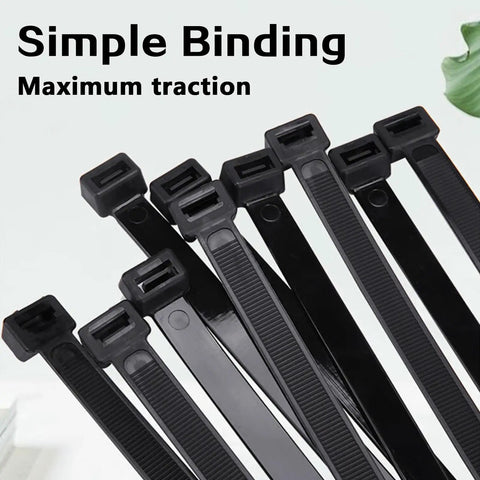 Close-up of black Industrial Grade Zip Ties from 600 Piece Set Assorted Sizes UL94V2 Certified.