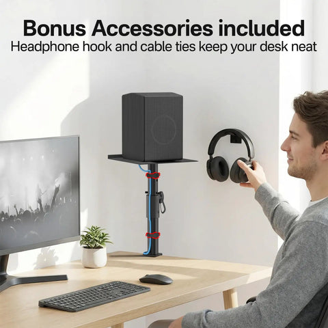 Heavy Duty Clamp On Desk Speaker Stands Pair With Height And Angle Adjustable Platforms Built In Cable Management And Headset Hook