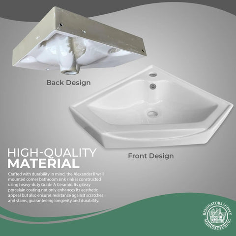 Alexander II 24 Inch Corner Wall Mounted Bathroom Sink White With Overflow space-saving ceramic sink back and front design