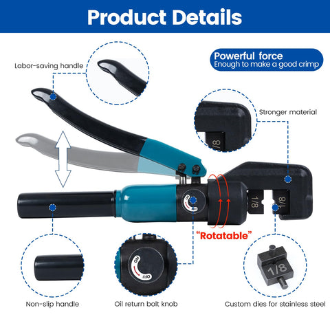 Custom Cable Railing Crimping Tool Hydraulic Crimper For One Eighth Inch Stainless Steel Cable Railing Kit Swaging Tool Beefy Pro Grade Yet Easy To Use For Quick Solid Crimps On Deck Railing Installations CR09 with highlighted features, including labor-saving handle and oil return knob.