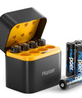 Heavy Duty Rechargeable Aa Lithium Batteries 8 Pack 1.5V 3000Mwh With Fast Charger And Storage Case, battery case open with batteries visible.