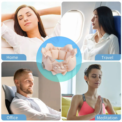 Inflatable Travel Pillow Portable Quick Inflate Neck Pillow For Airplanes Cars Buses Trains And Home Office Ultra Cozy Washable Camping Headrest Sleep Aid Travel Essential Blue in various use settings.