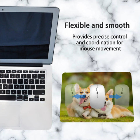 Laptop next to vibrant image mouse pad from Twenty Pack White Mouse Pads 3mm Thick For Heat Press Printing Bulk Mousepad Blanks