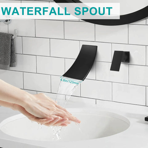 Matte Black Wall Mount Bathroom Faucet With Single Handle Dope Modern Waterfall Tub Faucet Independent Switch Wall Mounted Sink And Bath Mixer Filler Rough In Valve Included Sleek Contemporary Vibe in use over sink