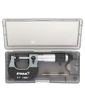 Front view of Storm 0–1 inch micrometer with 0.0001 inch vernier in a plastic case; silver body and black knurled thimble.