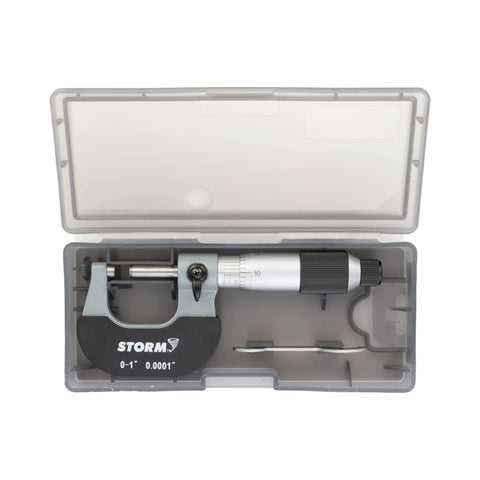 Front view of Storm 0–1 inch micrometer with 0.0001 inch vernier in a plastic case; silver body and black knurled thimble.