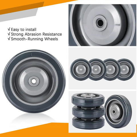 Four Pack 5 Inch Shopping Cart Replacement Wheels Kit with axles and nuts in various angles, heavy-duty silent caster wheels