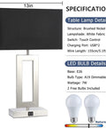 22-Inch Black Touch Table Lamps Set of 2 With No-Fuss Dual USB Ports, showing brushed nickel structure and LED bulbs details