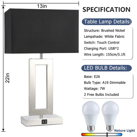 22-Inch Black Touch Table Lamps Set of 2 With No-Fuss Dual USB Ports, showing brushed nickel structure and LED bulbs details