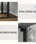 FLEXISPOT Electric Standing Desk With 40x24 Seamless One-Piece Black Desktop showing dual-stage legs and backpack hook for accessories.