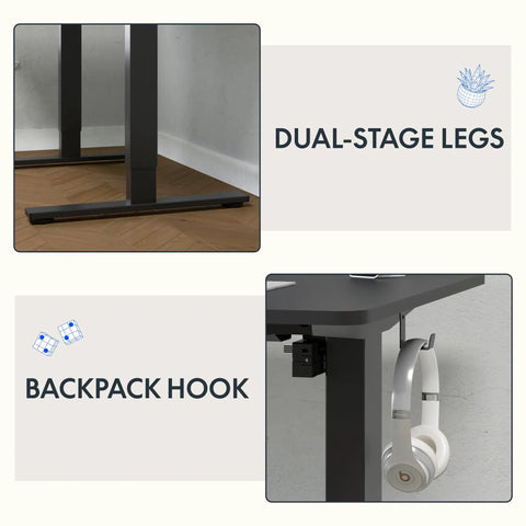 FLEXISPOT Electric Standing Desk With 40x24 Seamless One-Piece Black Desktop showing dual-stage legs and backpack hook for accessories.