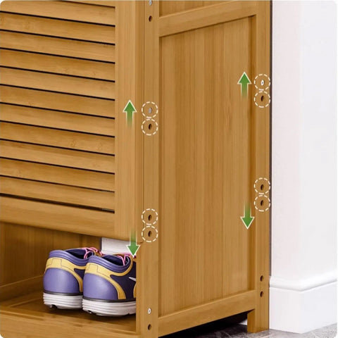 Spacious Six Tier Freestanding Shoe Cabinet Boasting Four Doors And A Nifty Drawer To Stow Away Your Best Kickers In Style showing storage for shoes.