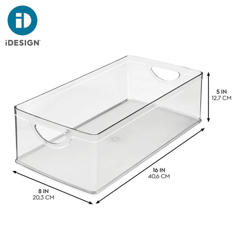 No Sweat Big League Heavy Duty Clear Stackable Extra Long Plastic Storage Bin For Nifty Pantry Setup and Smooth Cabinet Shelving, 16x8x5 in.