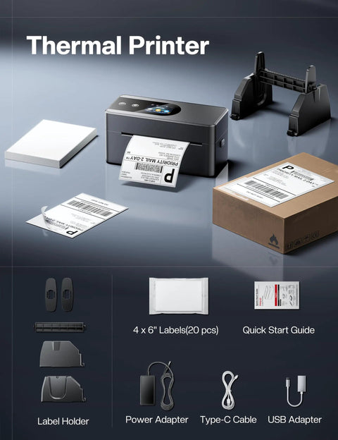 Upgraded Touch Screen Thermal Label Printer For Small Biz, 4x6 Wireless Shipping Label Printer, accessories shown