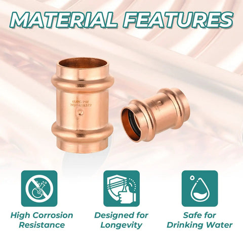 30 Pack Copper Press Fittings With Stop 1 1/4 By 1 1/4 Inch Pipe Coupling Connectors showing copper material features and safety.