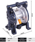 Angled side view of MXBAOHENG air-operated diaphragm pump with blue frame, 3/8 in inlet/outlet and 1/4 in air inlet.