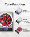 Digital Kitchen Scale 33lb Capacity, Rechargeable 304 Stainless Steel Food Scale showing tare function steps with bowl and berries