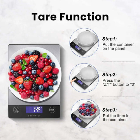 Digital Kitchen Scale 33lb Capacity, Rechargeable 304 Stainless Steel Food Scale showing tare function steps with bowl and berries