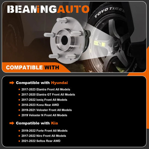2 Pack Front Or Rear Wheel Bearing And Hub Assembly For Hyundai And Kia 2017 Through 2023 Elantra Forte Kona Ioniq Niro Seltos And Veloster With ABS 5 Lug 513420 Durable Precision Fit For Your Ride shown with compatible models chart