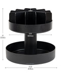 Two-Tier Rotating Snack Carousel Countertop Organizer for Kitchen and Breakroom, Space-Saving Snack Tray in black finish with measurements.