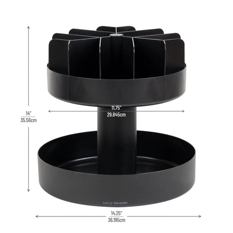 Two-Tier Rotating Snack Carousel Countertop Organizer for Kitchen and Breakroom, Space-Saving Snack Tray in black finish with measurements.