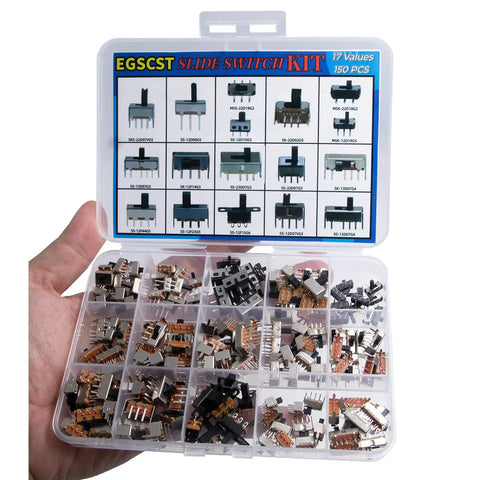 Hand holding 150Pcs Mini Micro Slide Switch Kit With 17 Value Types 2Pin 3Pin 4Pin DIP Toggle Switches On Off And On Off On