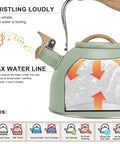 3 Liter Teapot With Loud Whistle Stainless Steel Stove Top Kettle With Wood Pattern Folding Handle Green Food Grade Teapot For Tea Lovers Coffee Buffs And Milk On The Stove Perfect For Daily Tea Or Coffee Rituals showing boiling guide and loud whistle indication