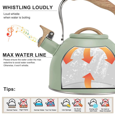 3 Liter Teapot With Loud Whistle Stainless Steel Stove Top Kettle With Wood Pattern Folding Handle Green Food Grade Teapot For Tea Lovers Coffee Buffs And Milk On The Stove Perfect For Daily Tea Or Coffee Rituals showing boiling guide and loud whistle indication