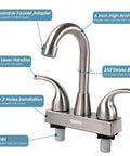 Solid Build RV Bathroom Faucet With Four Inch Centerset Setup And Six Inch High Arch Swivel Spout Smooth Lever Handles Plug And Play Camper Sink Replacement displaying dual handles and sleek stainless design.