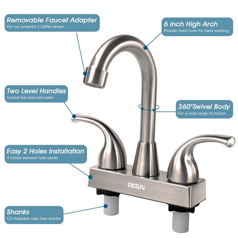 Solid Build RV Bathroom Faucet With Four Inch Centerset Setup And Six Inch High Arch Swivel Spout Smooth Lever Handles Plug And Play Camper Sink Replacement displaying dual handles and sleek stainless design.