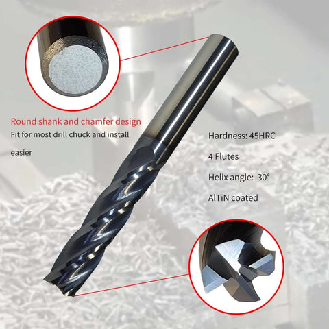 Lzcdelyxiao 1/2" carbide end mill, side view, 4-flute, AlTiN coated, 4" overall length, square end.