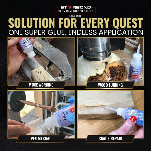 Starbond CA glue bottle, 4 oz, with extra cap and microtips; used for woodworking, woodturning, and pen turning.