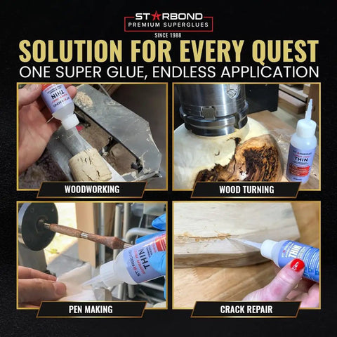 Handy Dandy Kick Butt Quick Cure Super Glue Kit With No Drip Microtips Anti Clog Cap Plus Extra Nozzles in woodworking and crack repair scenes.