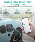Plug And Play Level 2 Electric Vehicle Charger 40 Amp 240 Volt With Smart WiFi App Control J1772 Connector Nema 14-50 Plug, smartphone monitoring charging status.
