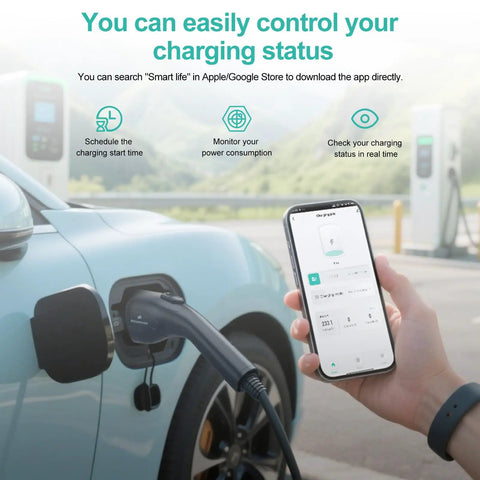 Plug And Play Level 2 Electric Vehicle Charger 40 Amp 240 Volt With Smart WiFi App Control J1772 Connector Nema 14-50 Plug, smartphone monitoring charging status.