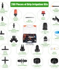 Layout of Drip Irrigation Kit 280 Pcs 147 Ft Garden Watering System components including hose, connectors, and tool box