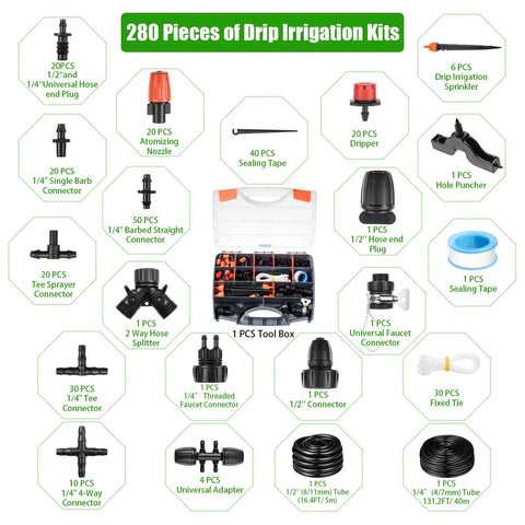 Layout of Drip Irrigation Kit 280 Pcs 147 Ft Garden Watering System components including hose, connectors, and tool box